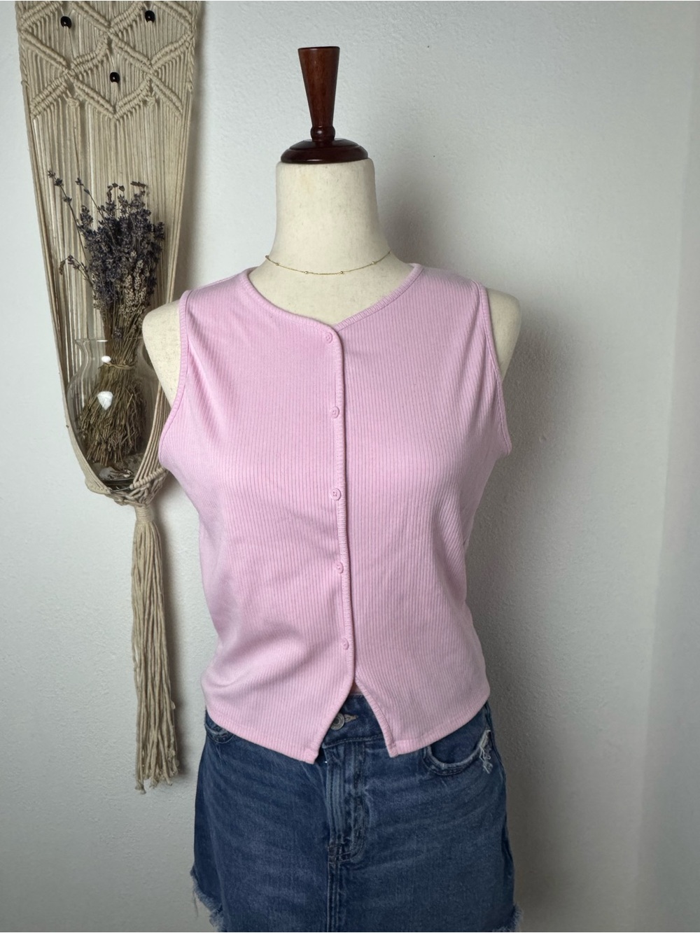 Button-Front Ribbed Tank Top in Light Pink - Picture 1 of 4